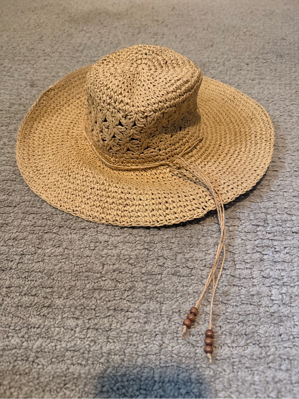 Woven Straw Floppy Sun Hat with Beaded Chin Ties - Natural